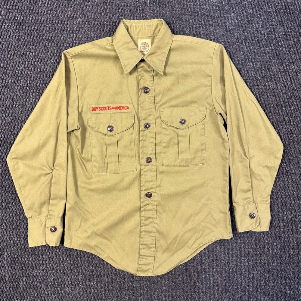 Vintage 80's Boy Scouts of America Uniform Shirt Kids 12 Green Long Sleeve